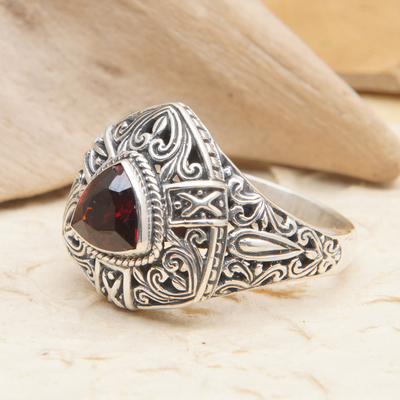 Sterling Silver Triangular Cocktail Ring with Garnet Stone - Beauty in Red